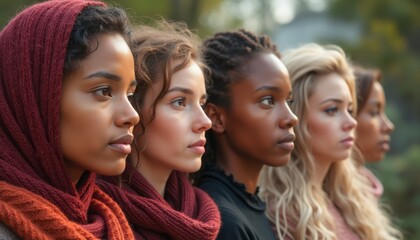Obraz premium A group of diverse women standing together outdoors, looking confidently ahead in unity and strength.