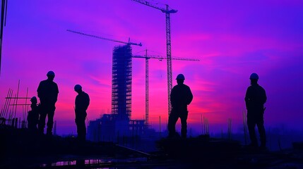 Fototapeta premium Silhouetted construction workers against a vibrant sunset sky.