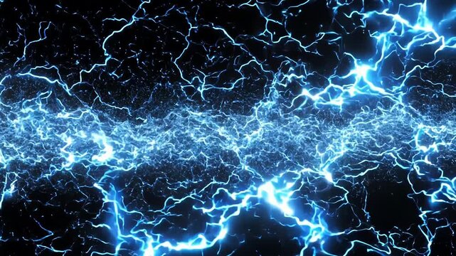 Electric blue lightnings striking. Thunderbolts background motion graphics. Glowing electricity bolts bright animation isolated on black alpha key background. Stormy special effect for video intro.