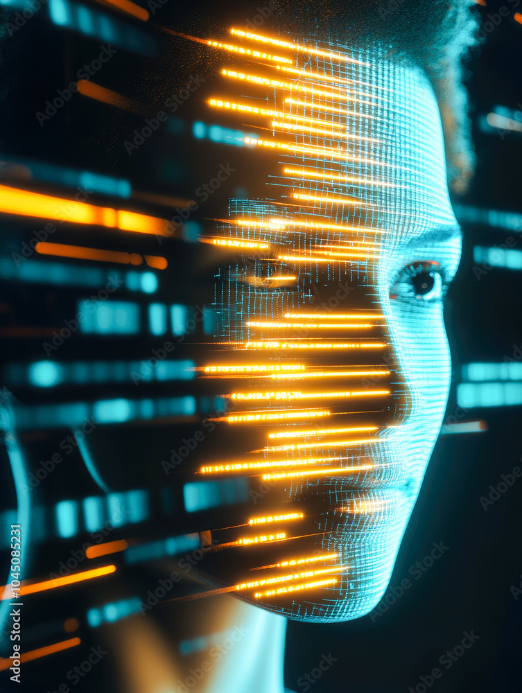 Poster the profile of a digital human head is adorned with shining data streams, emphasizing the merging of