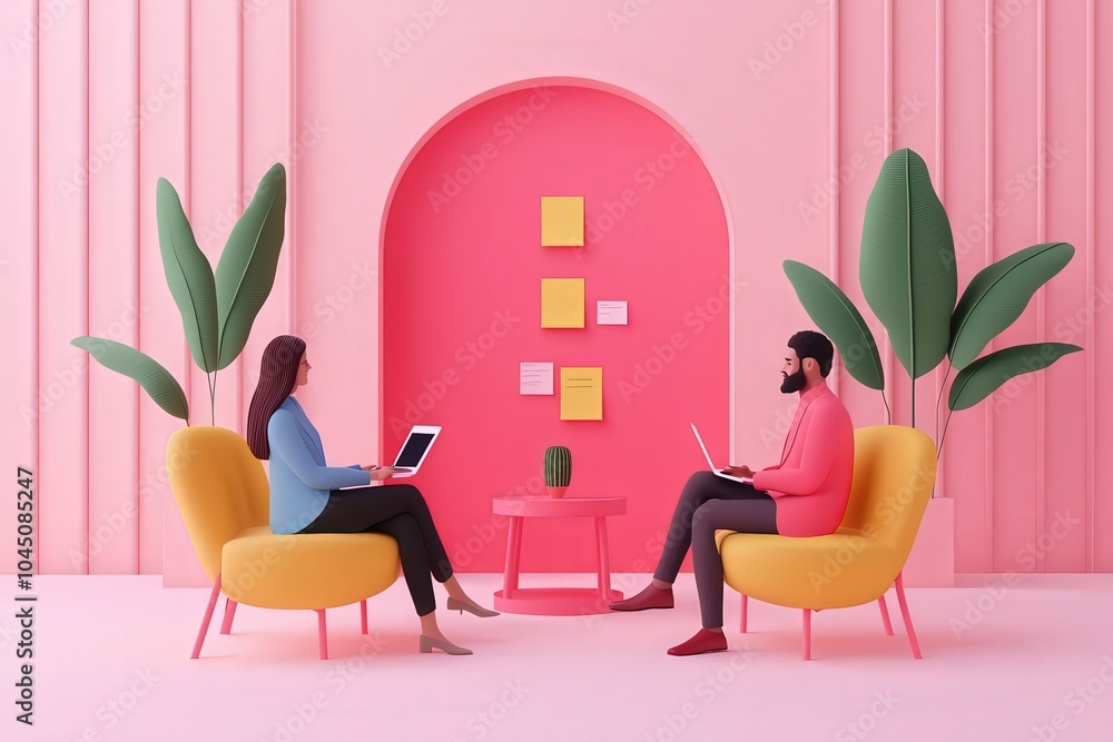 Poster collaborative workspace a modern interaction between two professionals in a vibrant setting
