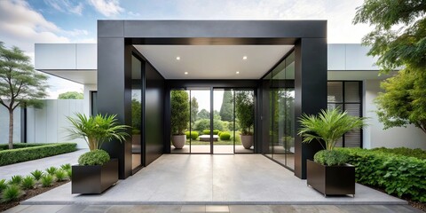 A modern home entrance with a black metal frame, glass doors, and potted plants on either side, leading to a view of a green and serene backyard.