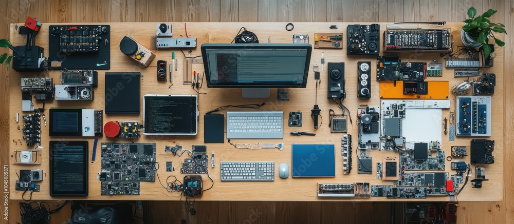 Poster a cluttered desktop with a computer monitor, keyboard, notebooks, electronic components, and a potte