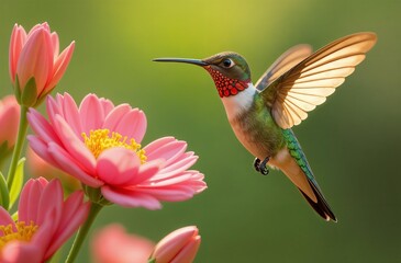 Fototapeta premium hummingbird close-up fluttering over a beautiful pink flower on a sunny summer day