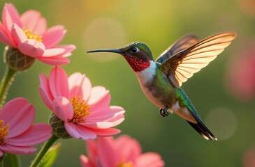 Fototapeta premium hummingbird close-up fluttering over a beautiful pink flower on a sunny summer day