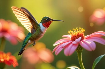 Fototapeta premium hummingbird close-up fluttering over a beautiful pink flower on a sunny summer day