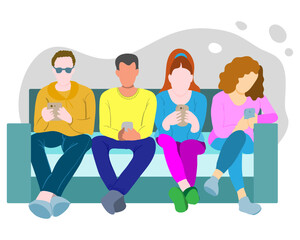 Obraz premium Young group of people sitting on the sofa and holding mobile phones.