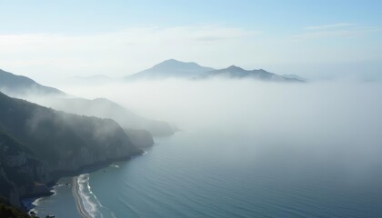 Obraz premium Misty mountain majesty meets serene sea