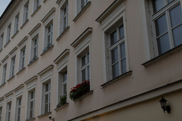 A large and impressive building adorned with numerous windows, each filled with vibrant flowers that bring a touch of nature to the urban landscape