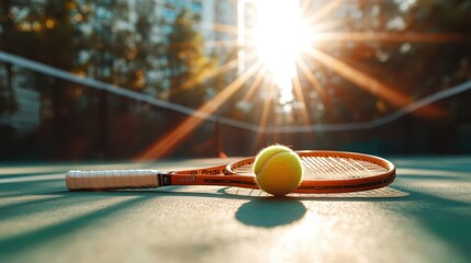 A tennis ball rests near a racket on a tennis court illuminated by golden sunlight, creating warm shadows and highlighting the sport's tranquil yet competitive nature.