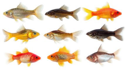 Colorful assortment of goldfish in various shades swimming gracefully together in clear water