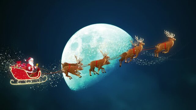 Santa Claus with Gifts and Jingle Bells Riding Reindeer Sleigh on Sky Crossing Moon