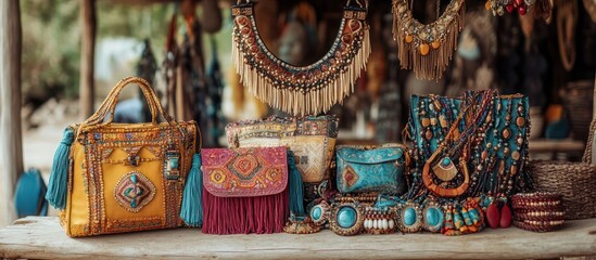 Fototapeta premium A collection of bohemian-style bags, necklaces, and bracelets on display in a shop.