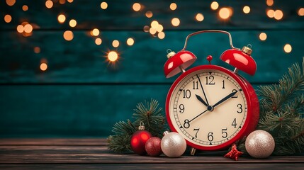 Beautiful red alarm clock surrounded by holiday ornaments and pine branches, creating a festive atmosphere.