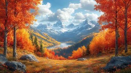 Fototapeta premium autumn landscape with vibrant foliage in the mountains, showcasing a blend of oranges, reds, and yellows. the scene captures the essence of fall, evoking warmth and tranquility in nature