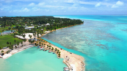 Cook Islands Paradise. Tropical island Rarotonga sea lagoon with palm trees. Aerial view.