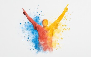 Colorful abstract representation of a victorious figure celebrating achievement, isolated on white background.
