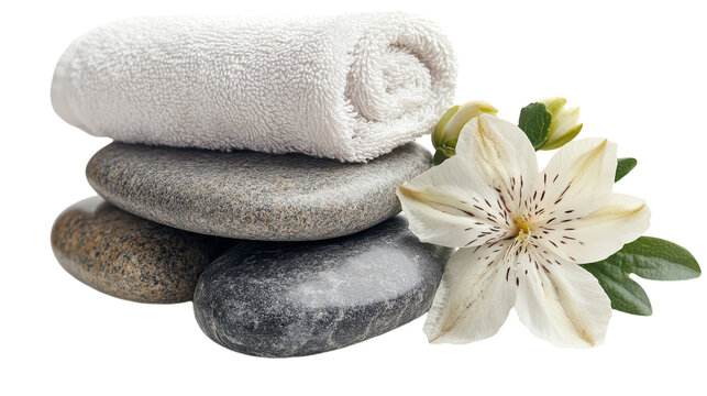 Relaxing spa arrangement with soft towels, smooth stones, and a fresh flower for tranquility