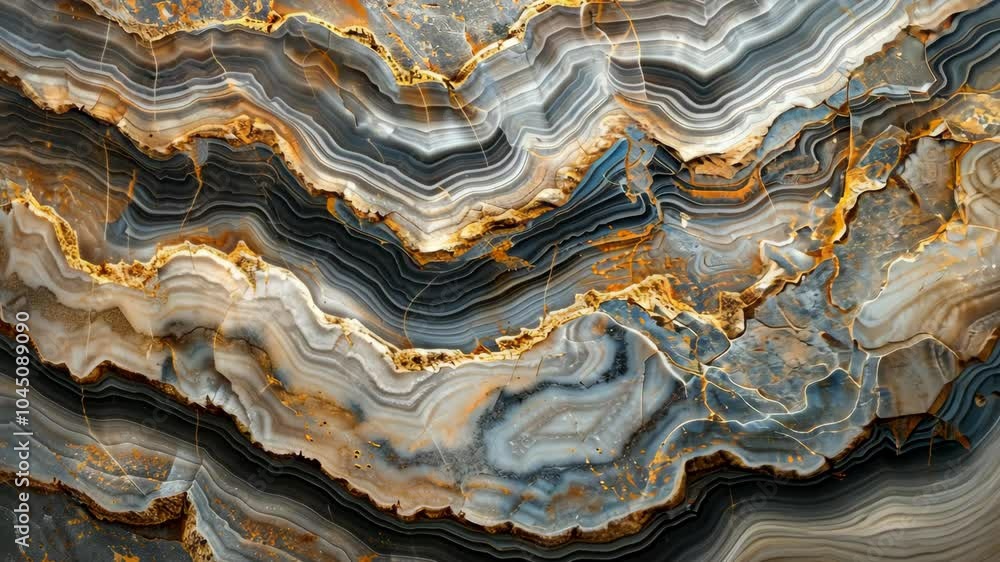 Aufkleber this is a close-up image of a grey and gold agate, showing its intricate patterns and unique swirls