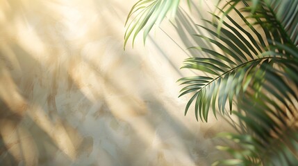 Obraz premium Blurred Palm Leaves Shadow on Light Wall for Elegant Product Presentation