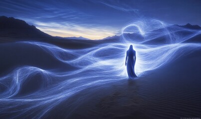 A lone figure walks through blue energy waves.