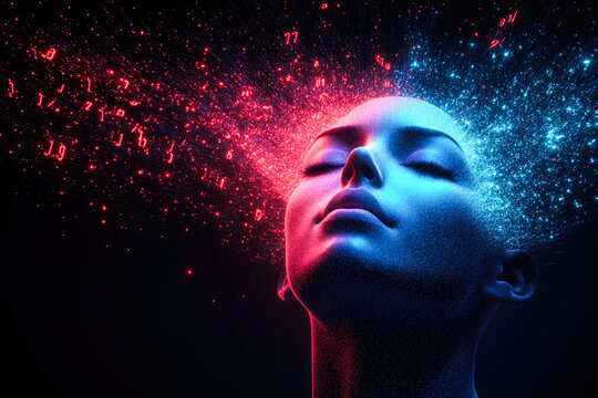 A digital head shown with explosive streams of red and blue data, symbolizing the dynamic forces of technology and human thought in harmony and expansion.