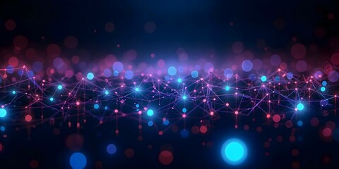 a modern, abstract illustration of a connected digital network. Glowing nodes and thin, bright lines should form a complex web of connections on a dark purple background
