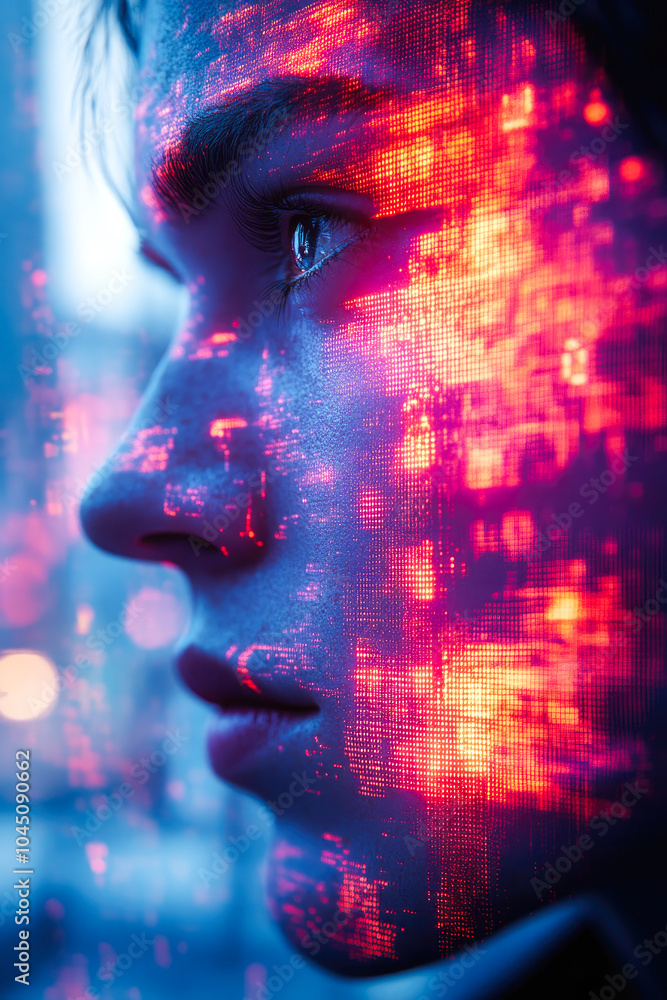 Poster a profile portrait with dynamic flowing pixels that symbolize the fusion of human intuition and tech
