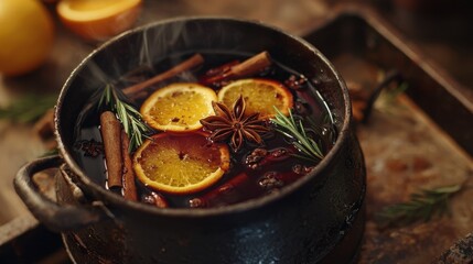 Hot mulled wine with citrus, cinnamon, anise, and rosemary. Christmas mulled red wine with spices and fruits on a brown rustic table. Traditional hot drink at Christmas time.
