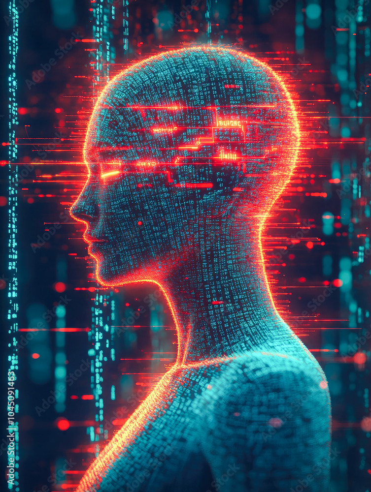 Poster a futuristic humanoid figure covered in a blue and red digital pattern, surrounded by streaming bina