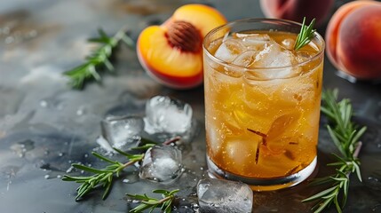 Peach Tea with Ice and Rosemary Garnish in a Glass on a Rustic Wooden Table