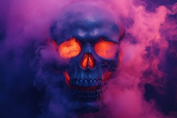Burning skull on purple background. Orange fire and smoke goes from eyes sockets. Eerie Halloween celebration concept, spooky atmosphere. death and fear. Banner, poster, card, with copy space