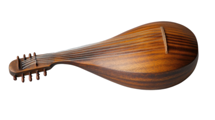 An exquisite wooden lute resting peacefully on a table in a cozy music room filled with warmth