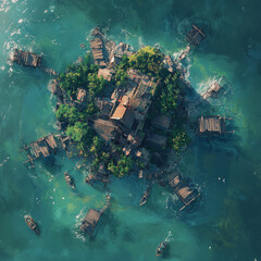 Aerial View of Battle map Villa in the Floating Flotilla - Fantasy Village Surrounded by Water in Digital Art Style