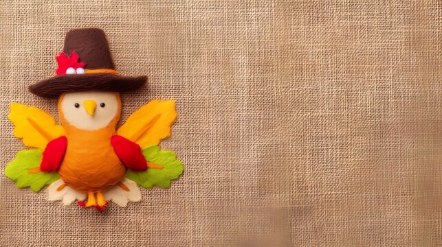 Brightly colored orange, brown, yellow felt turkey wearing a pilgrim hat set against a tan background, ideal for Thanksgiving decorations, offering ample space for personalized messages or greetings
