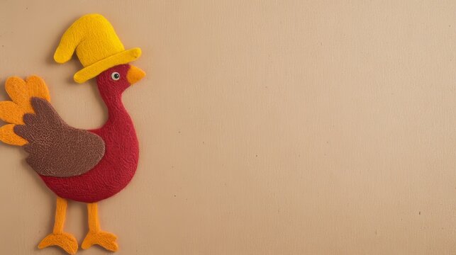 Brightly colored orange, brown, yellow felt turkey wearing a pilgrim hat set against a tan background, ideal for Thanksgiving decorations, offering ample space for personalized messages or greetings