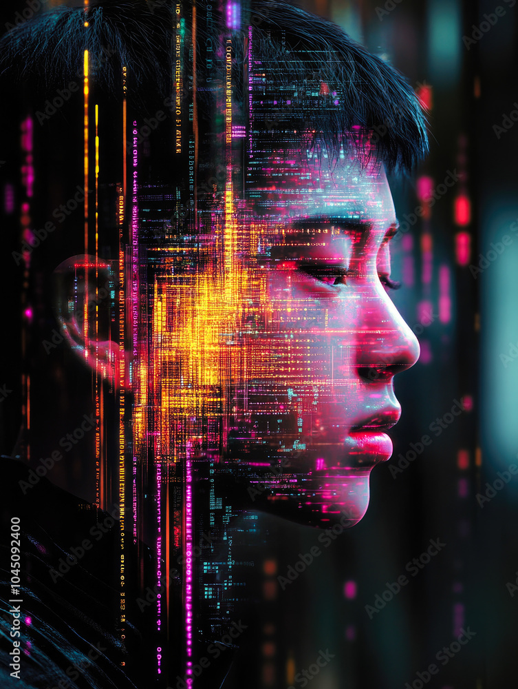Poster a side profile of a person adorned with complex neon digital patterns, illustrating the interface of