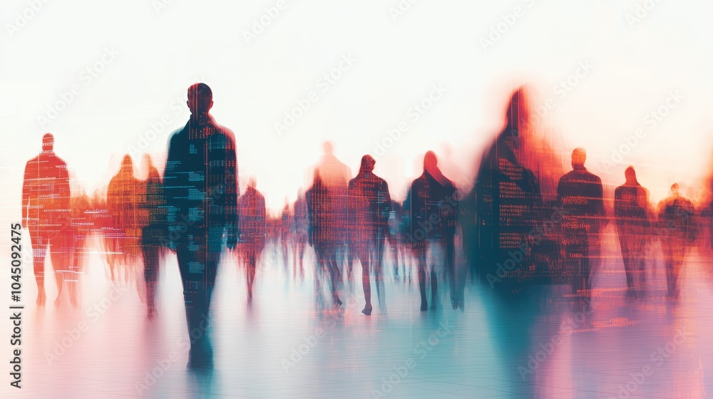 Poster silhouetted figures walking in a digital world, creating a sense of movement and anonymity.