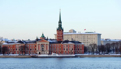  Serene waterside view of a historic building
