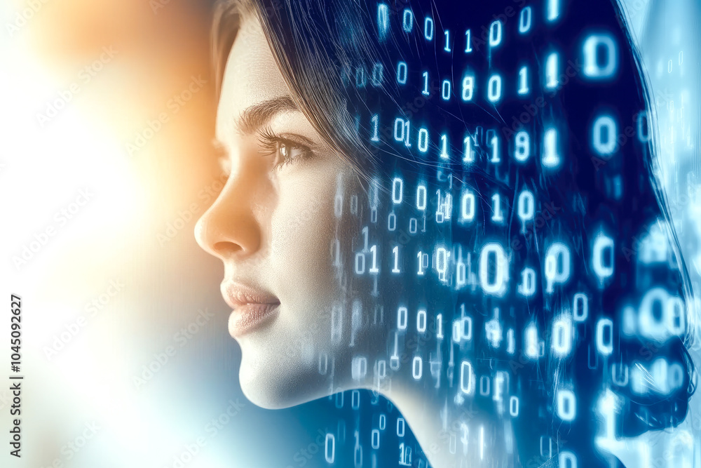 Aufkleber a young woman's profile with an overlay of binary code, representing the fusion of human and technol