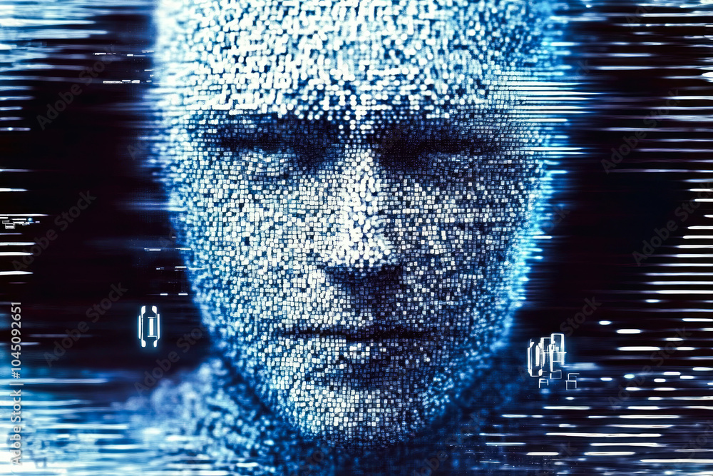 Poster an abstract digital face formed from pixels and binary code, capturing a sense of technology and fut