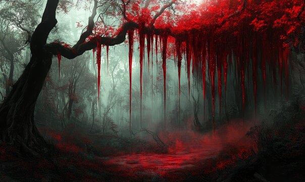 Blood-red dripping tree in eerie forest.