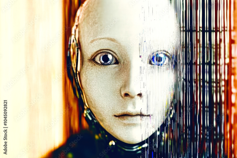 Poster a half-real, half-digital design of a robot’s face, symbolizing the blend between human elements and