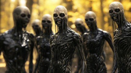 Terrifying creatures emerge from the shadows in a haunting forest scene, AI