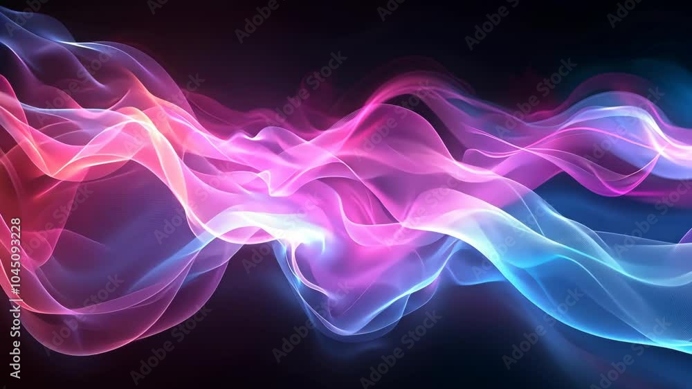 Poster pink and blue abstract waves flow across a black background, creating a dynamic and ethereal composi