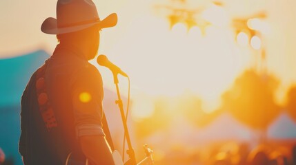 A cowboy passionately performs on stage as the sun sets behind him, creating a captivating atmosphere at the outdoor festival