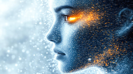 A digital artwork depicting a futuristic face with glowing elements, symbolizing technology and innovation in a dynamic and visually arresting manner.