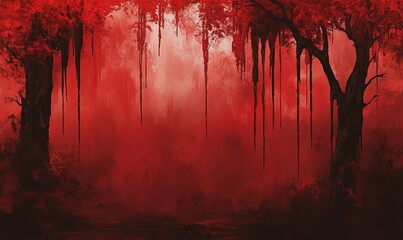 Crimson forest with dripping trees.