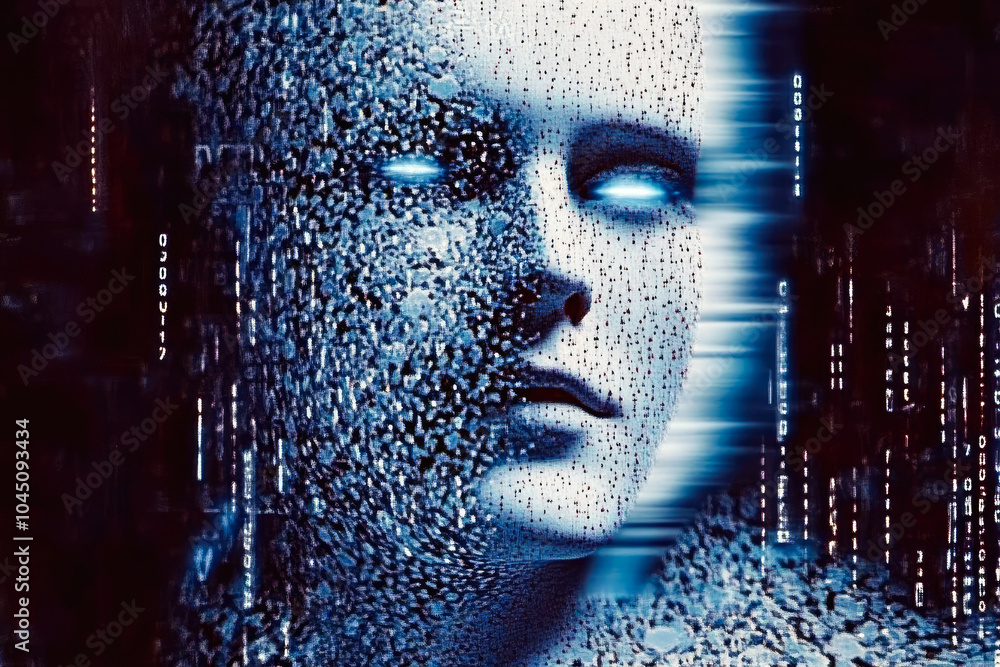 Poster a striking portrayal of a face partially digitized, blending into streams of binary code, embodying 