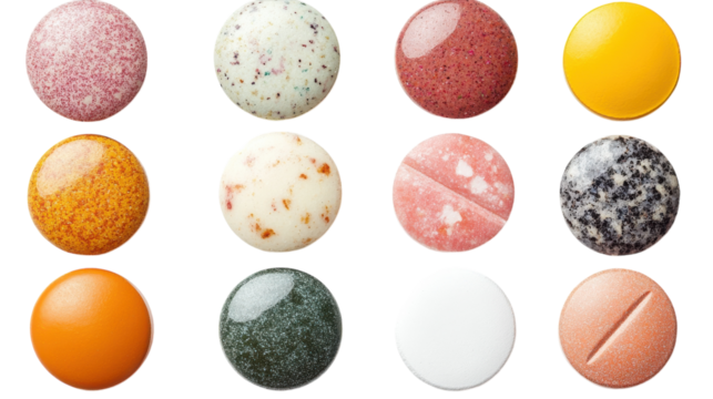 Colorful assortment of vibrant pills arranged neatly on a textured surface during daylight